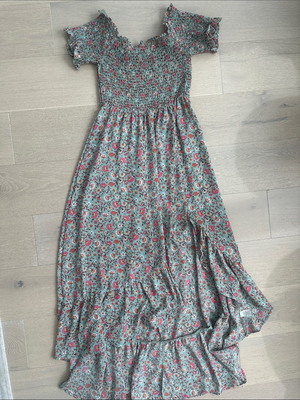 Blue Rain Sage Green Floral Smocked Maxi Dress with Pink and Coral Flowers